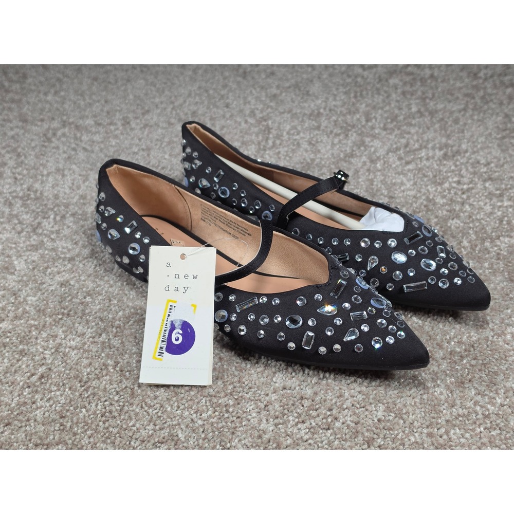 A New Day Gabriella Rhinestone Pointed Toe Mary Jane Flats Jet Black 6 NEW